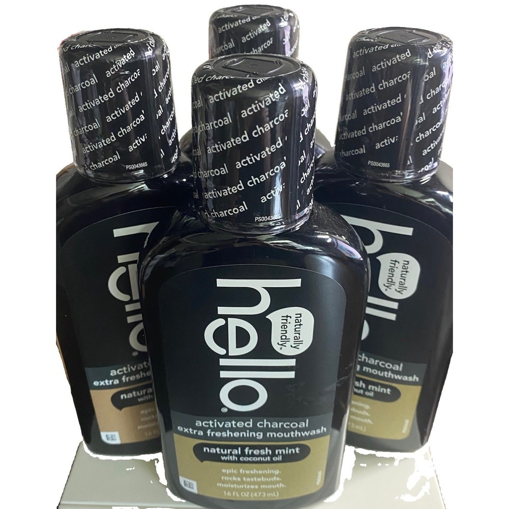 Hello Activated Charcoal Extra Freshening Mouthwash Fresh Mint 4 Pack 16 oz